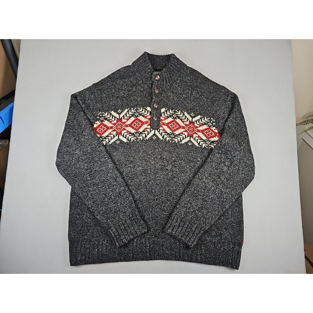 Izod Nordic Henley Ski Chunky Wool Blend Sweater Mens 2XLT Grey Red White Preppy